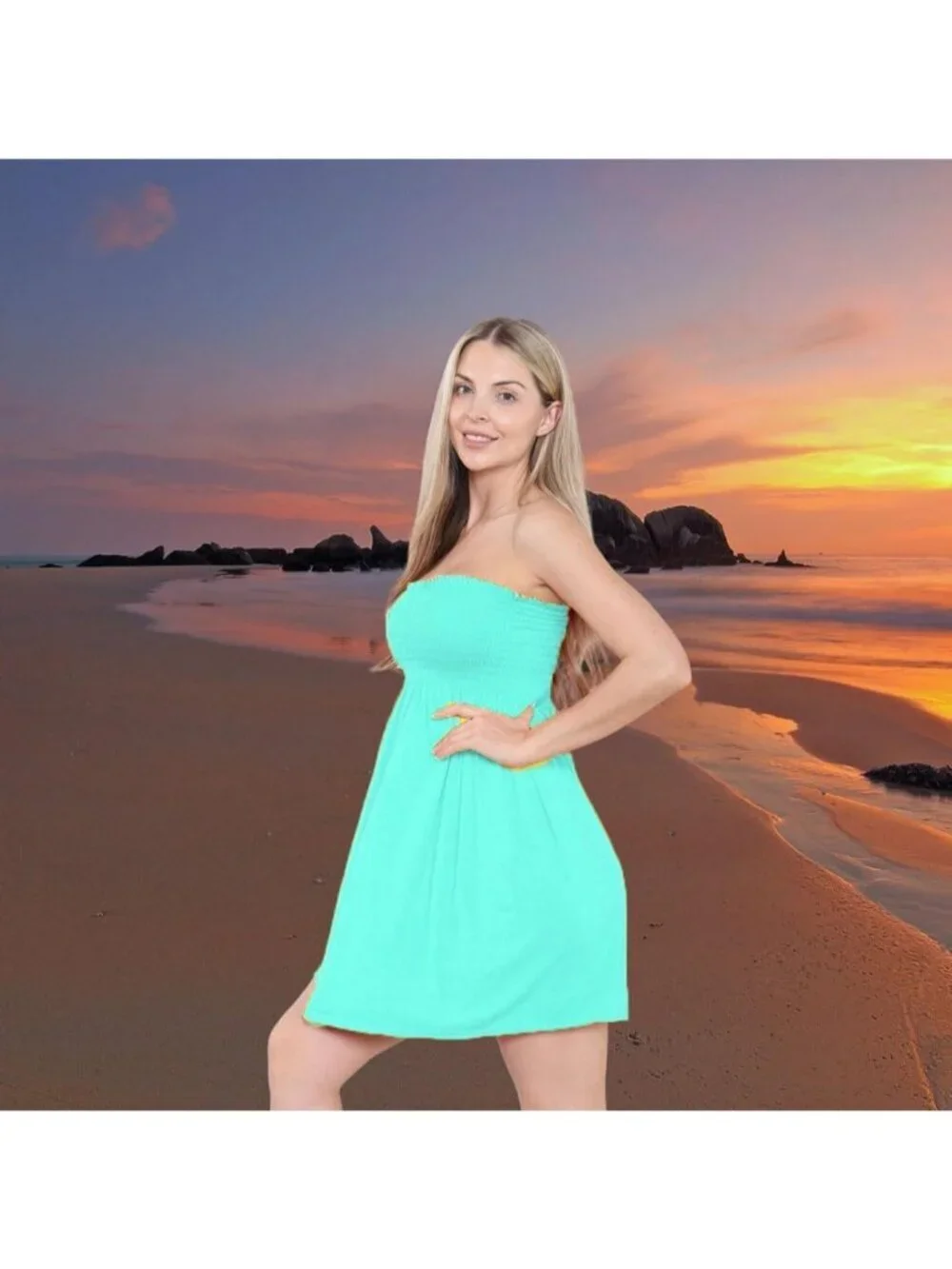 Women's Mint Sun Strapless Tube Short Beach Summer Dresses Casual Mini Dress